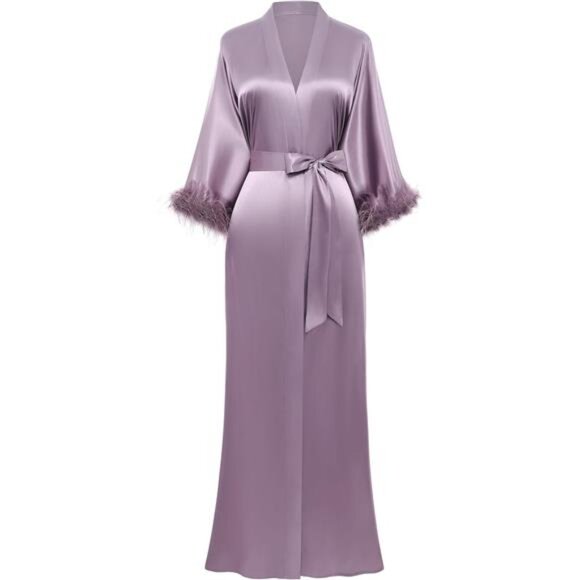Satin Kimono Robe Long Silky Bathrobe with Ostrich Feather Trim - Picture 1 of 8